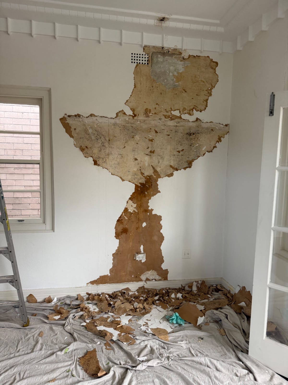 Wall treated for mould and left unfinished to confirm the roof repair has worked
