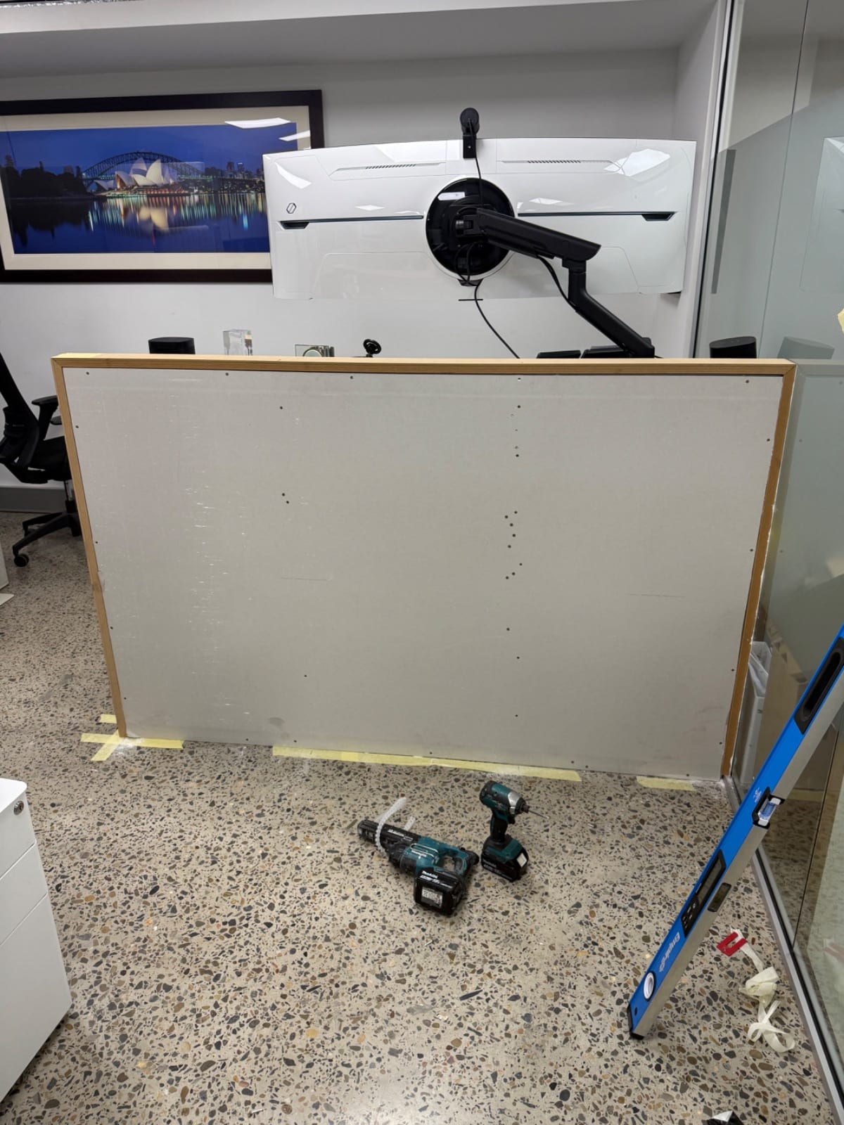 Half height plasterboard partition with glass and aluminium frame, office fit out in Crows Nest