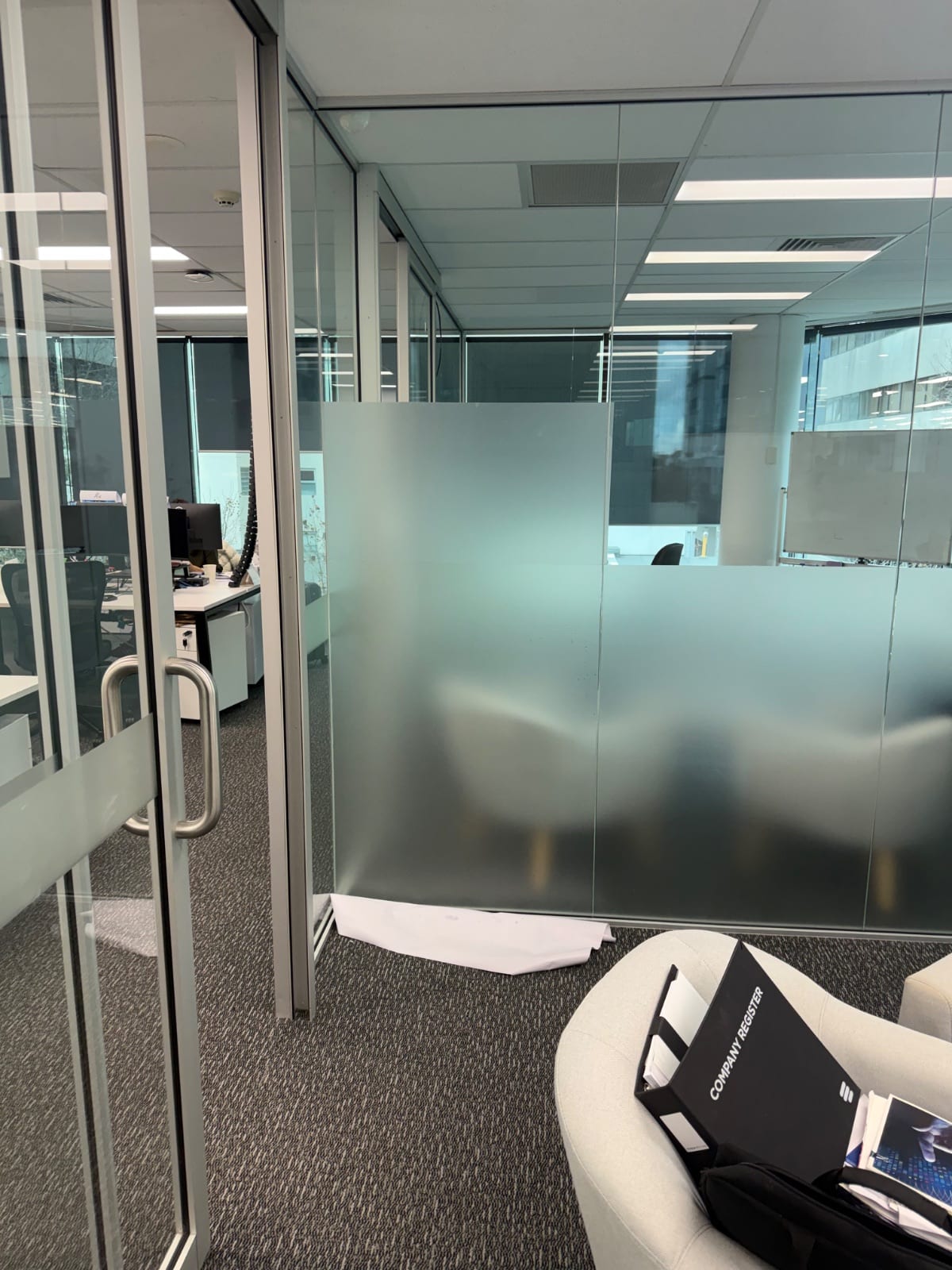 Window frosting added higher up the glass for privacy in a St Leonards medical provider office